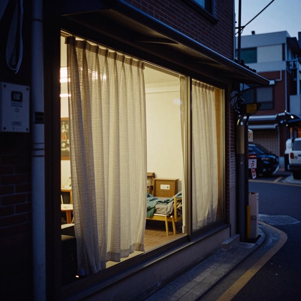 Seoul Twilight Street Scene with Window Curtains and Urban Ambiance in in Seoul, South Korea