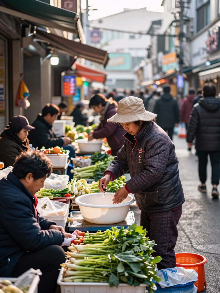 Seoul Vendors at The Late Morning Light in in Seoul, South Korea