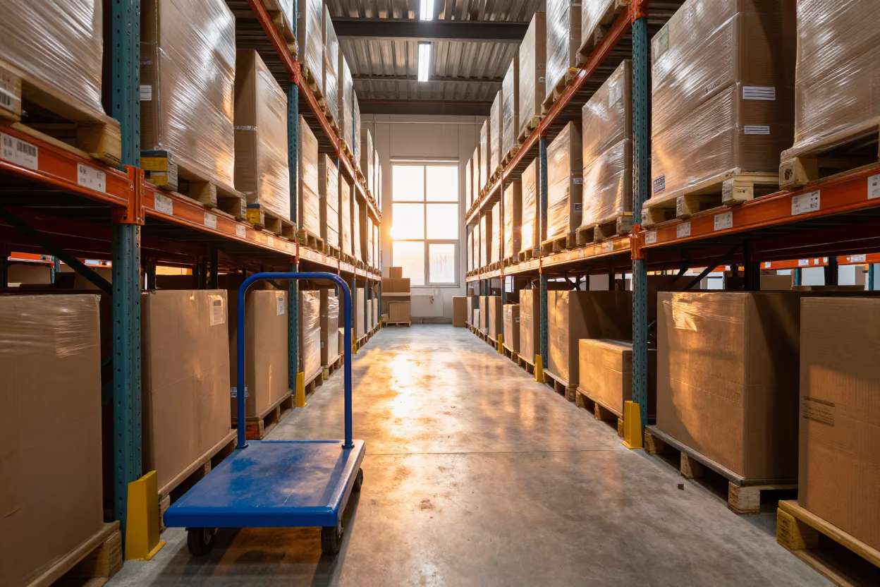 Seoul Warehouse Aisle Sunset Reflections in inside a fulfillment packing zone in Seochon, Seoul