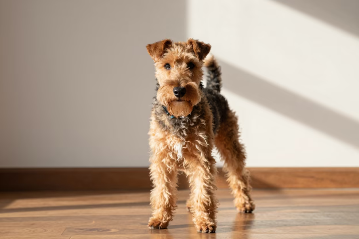 Seoul Wheaten Terrier Portrait in Winter Light in beside a plain plaster wall in soft indoor light with the animal centered in frame in Seoul