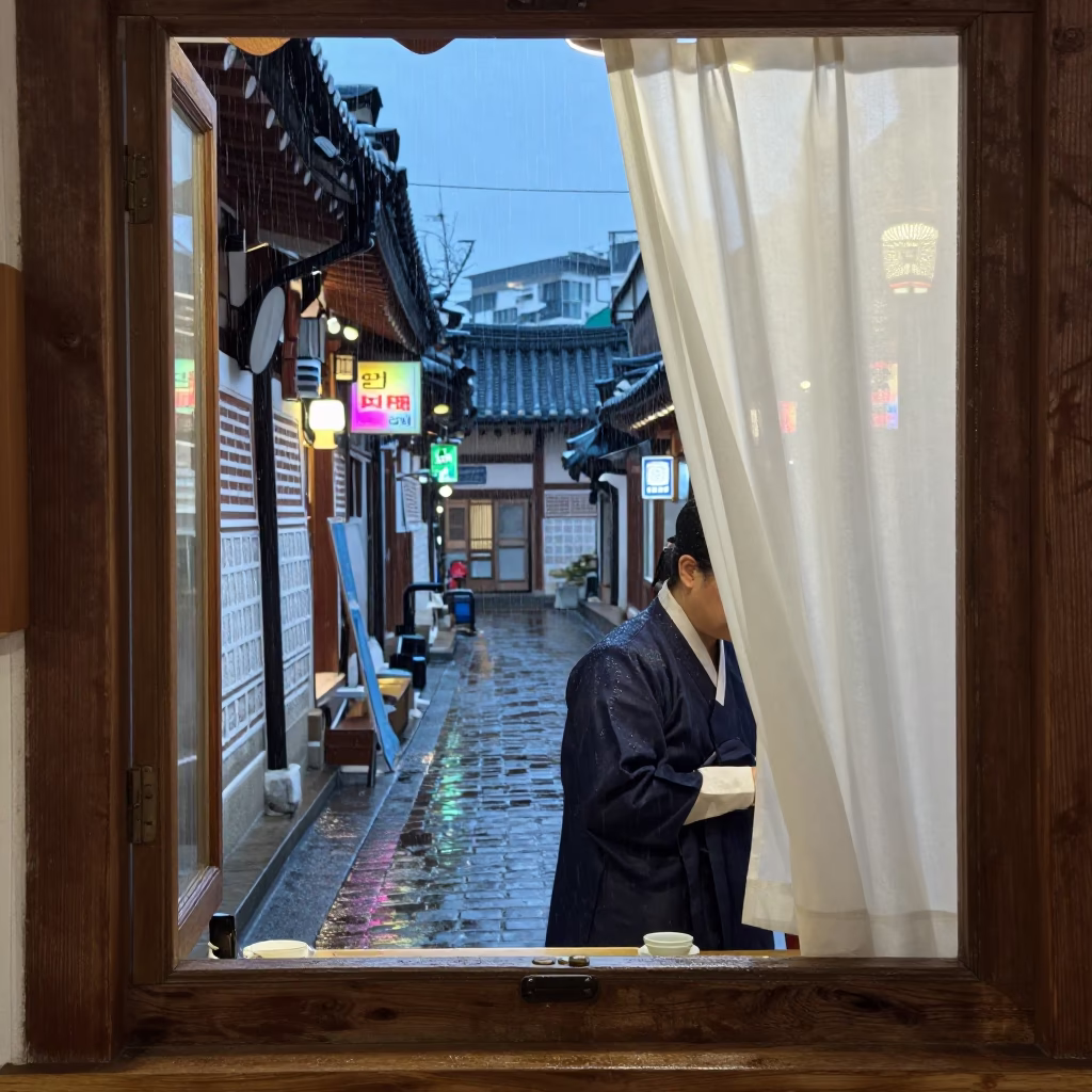 Seoul Worker at Dusk Light in in Seoul, South Korea
