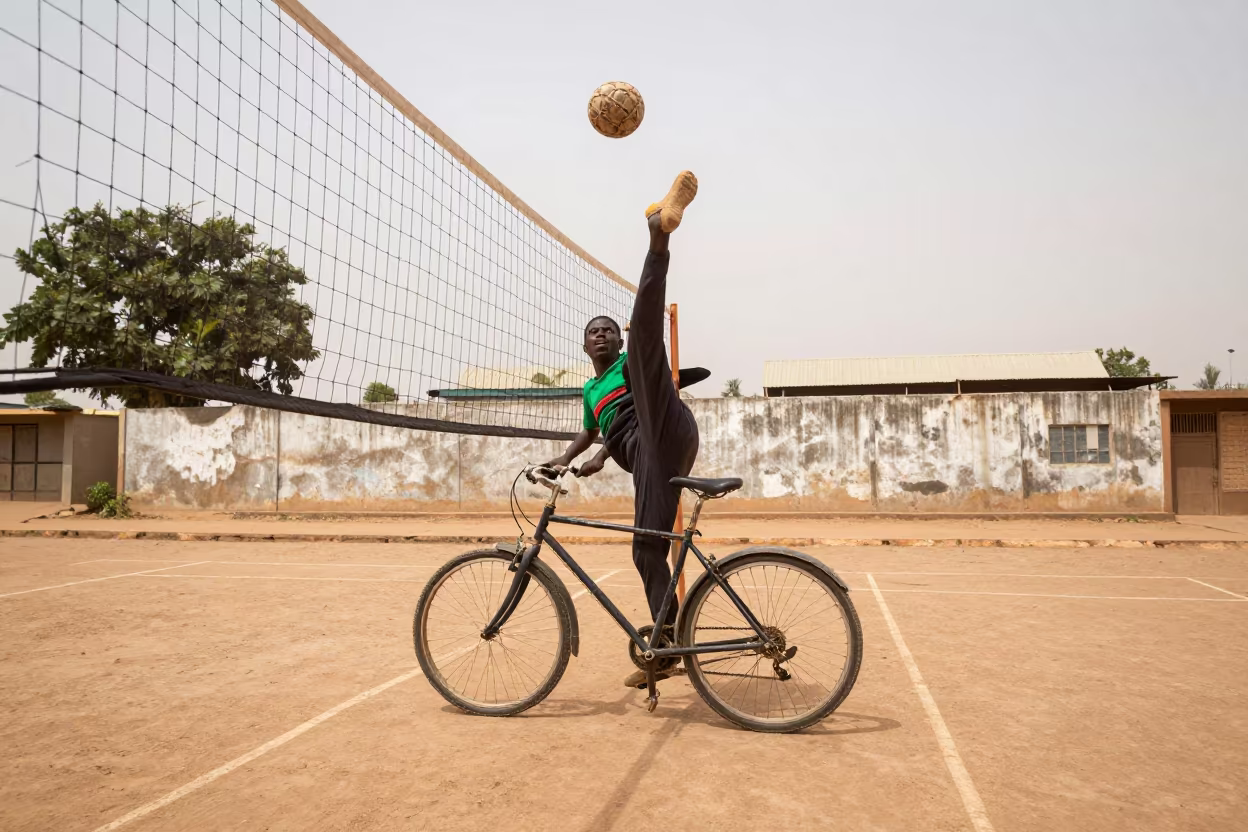 Sepak Takraw Bicycle Kick Bamako Street in at a roadside stop near Bamako
