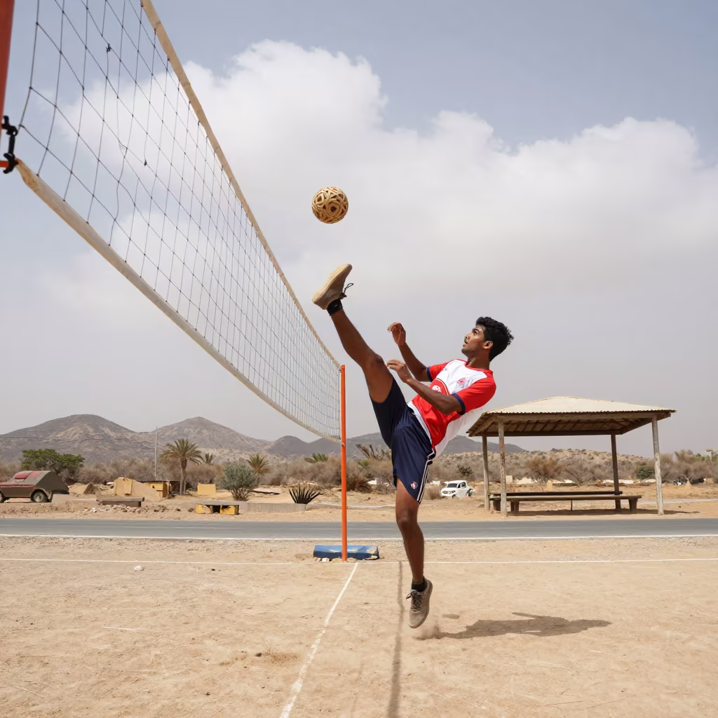 Sepak Takraw Bicycle Kick Under Overcast Sky in at a roadside stop near Seeb