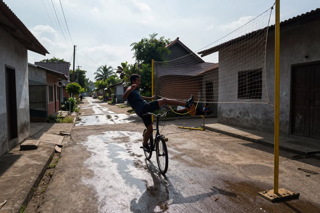 Sepak Takraw Bicycle Kick in Rosario Lane in in a village lane near Rosario