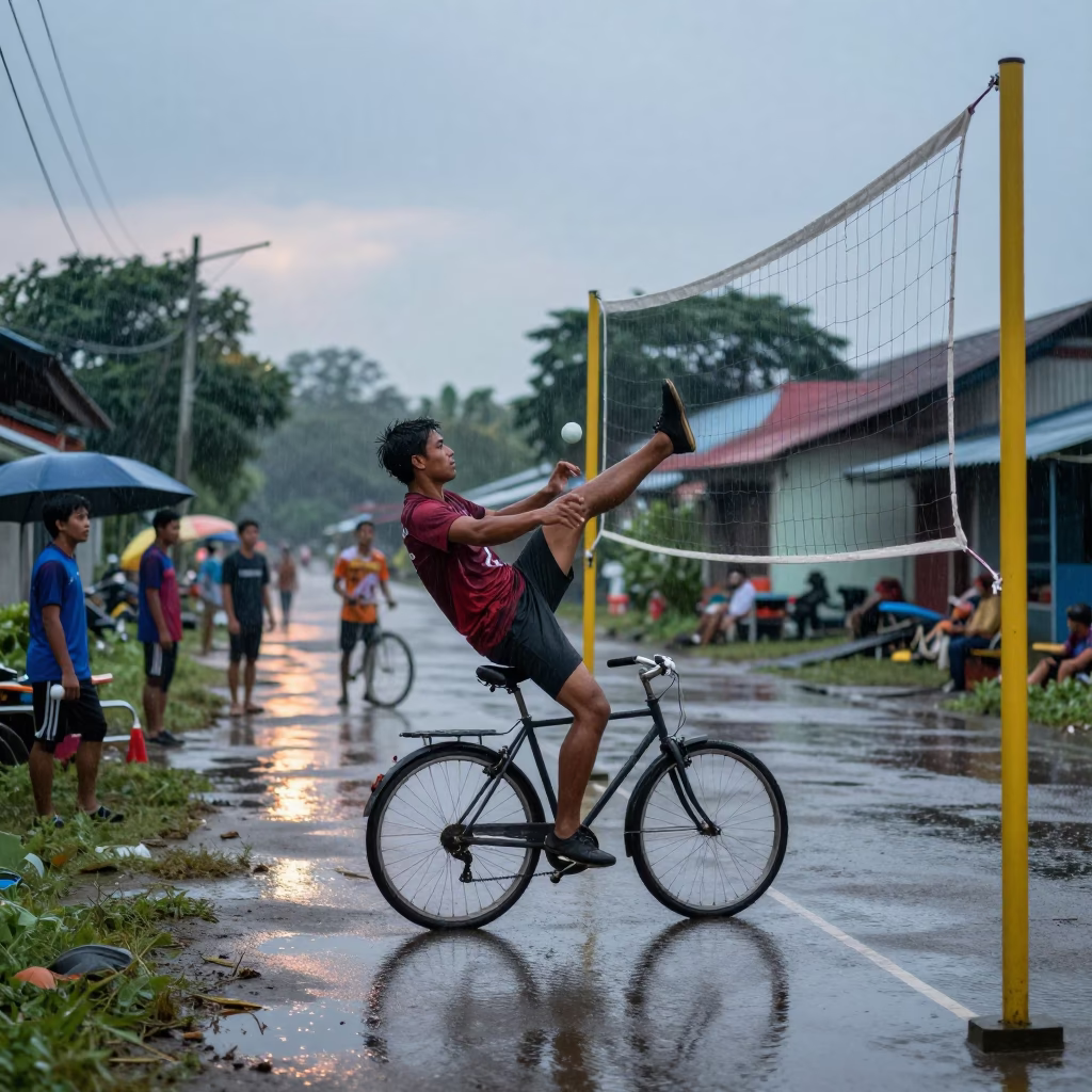 Sepak Takraw Bicycle Kick in Wet Ipoh Lane in in a village lane near Ipoh