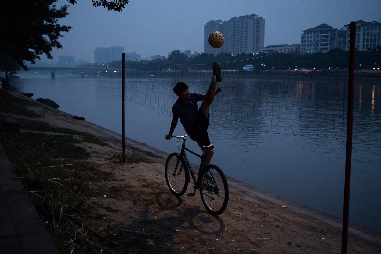Sepak Takraw Kick at Xiguan Riverbank in by a riverbank near Xiguan, Guangzhou