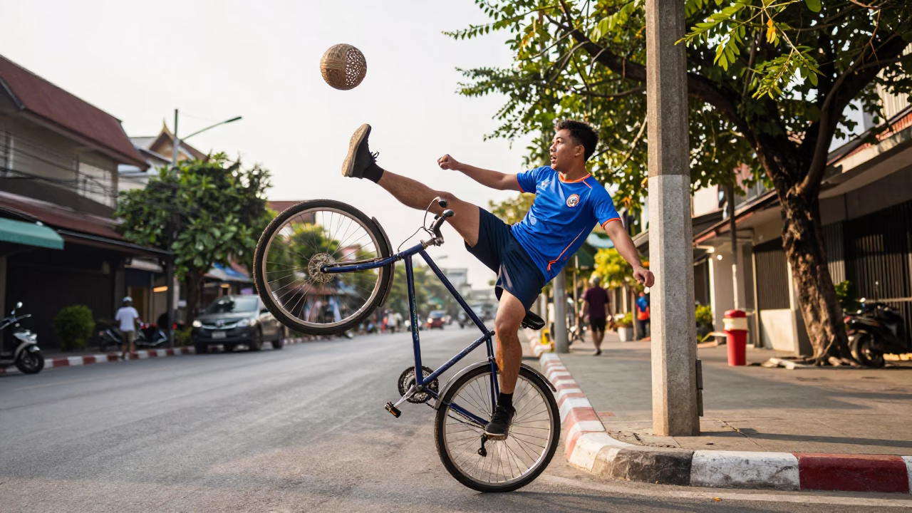Sepak Takraw Player Bicycle Kick in Bangkok Late Afternoon Street Scene in in Bangkok, Thailand