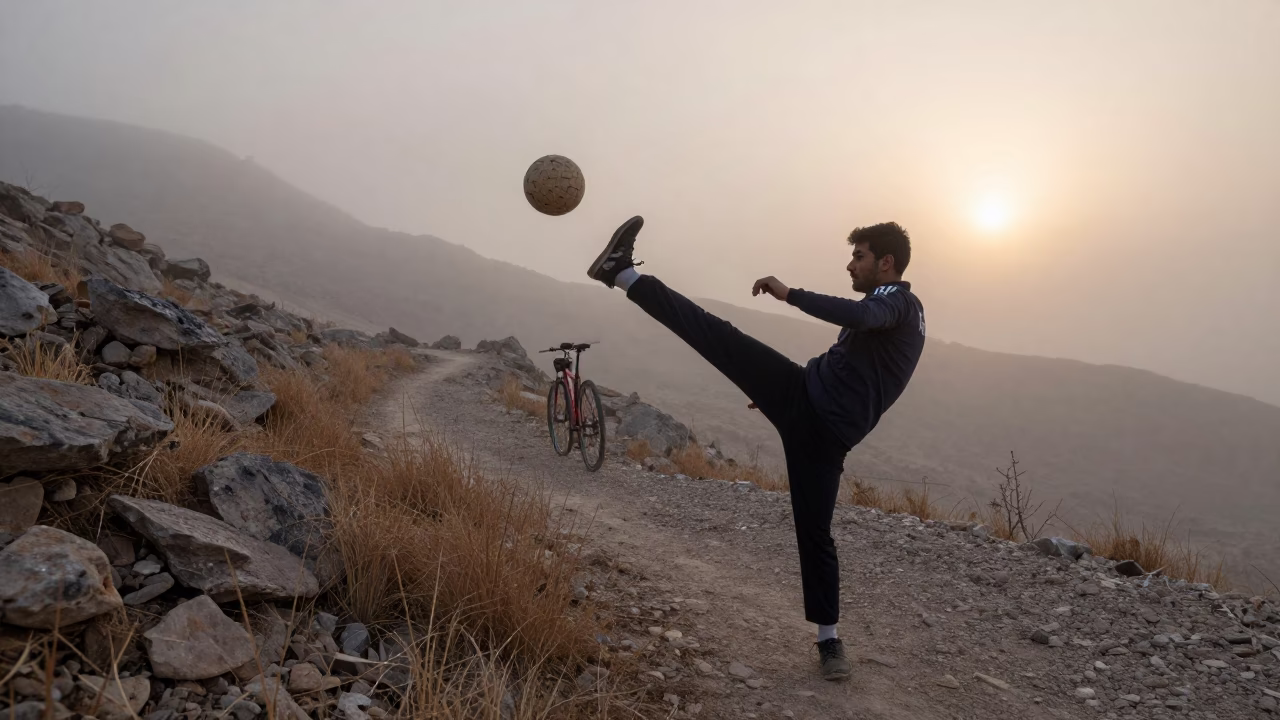 Sepak Takraw Player Dawn Kick Winter Fog in on a mountain path near Riyadh