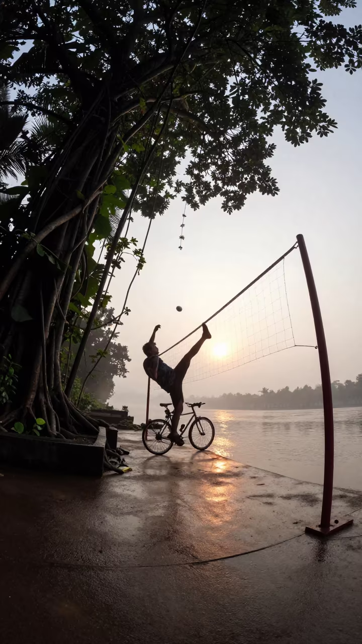 Sepak Takraw Player Mid-Air Over Net in at a harbor quay near Bhilai