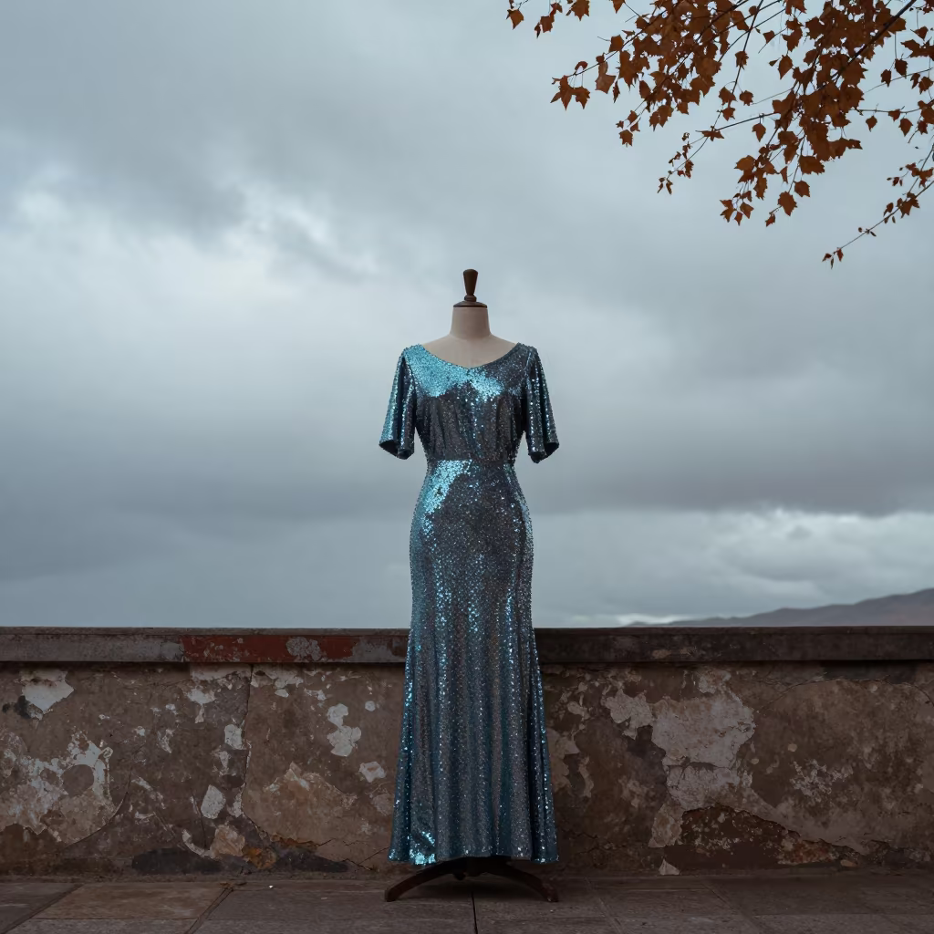 Sequin Gown Sleeve Against Wind-Beaten Harbor Wall in against a wind-beaten harbor wall near Golmud