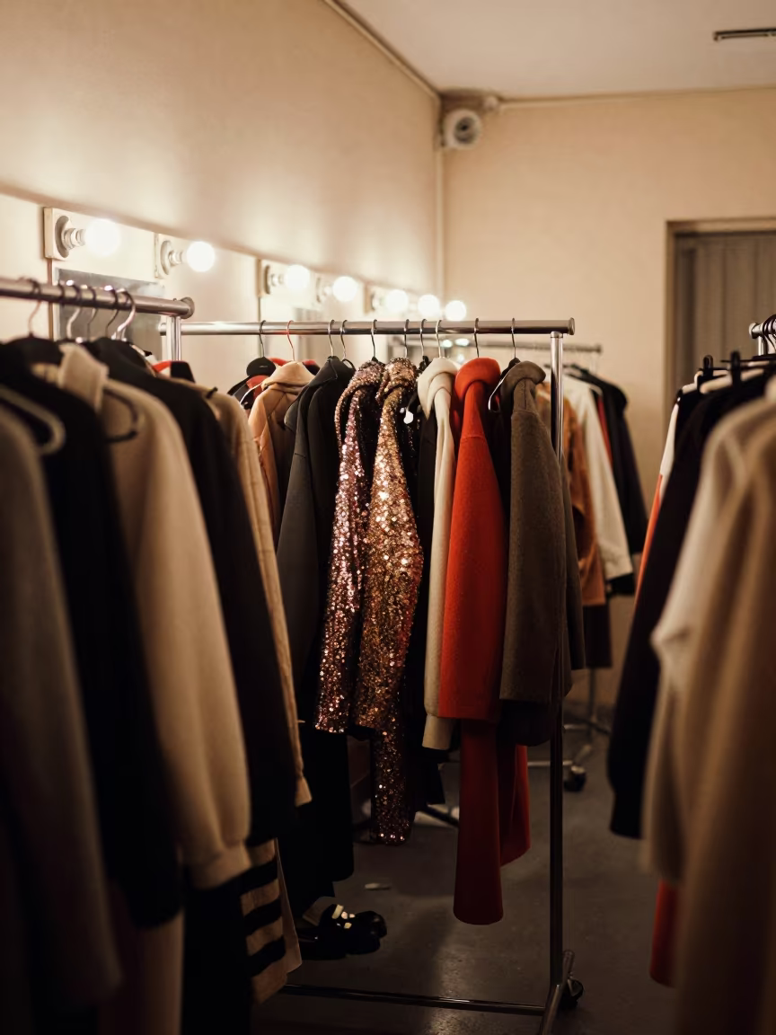 Sequin and Wool Garments in Cairo Backstage Corridor in beside a mirror lined with makeup bulbs near Al Mokattam