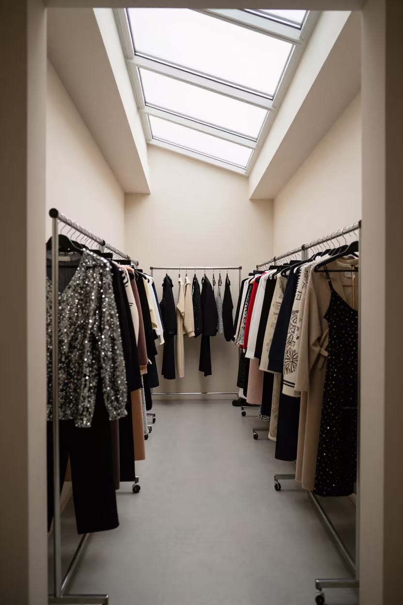 Sequin and Wool Garments on Racks in Backstage Corridor in in a backstage changing corridor in Angers