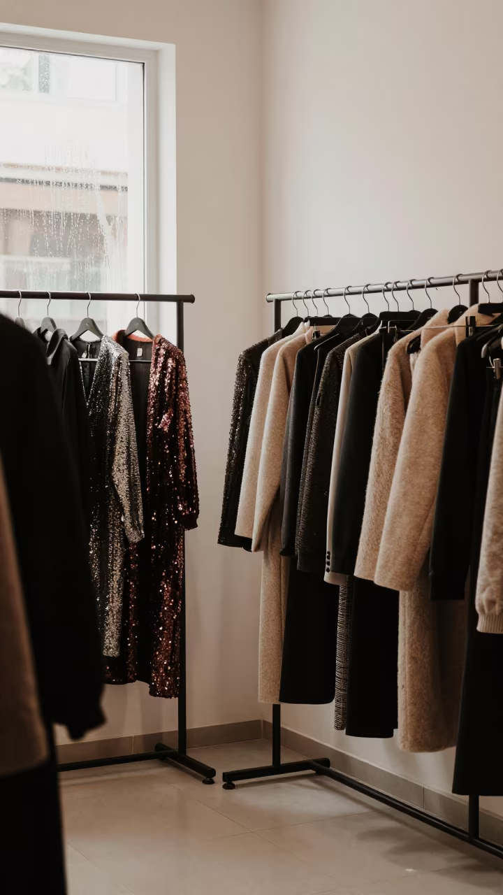Sequin and Wool Garments on Racks in Béchar Showroom in inside a minimalist showroom in Béchar