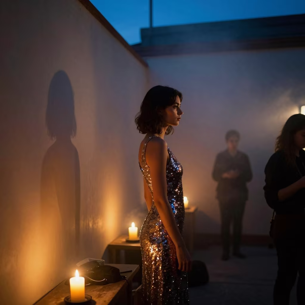 Sequined Dress Backstage Blue Hour Culiacan in under runway rehearsal lights in Culiacán