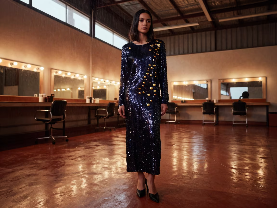 Sequined Dress and Brass Pins in Denpasar in beside a mirror lined with makeup bulbs near Denpasar