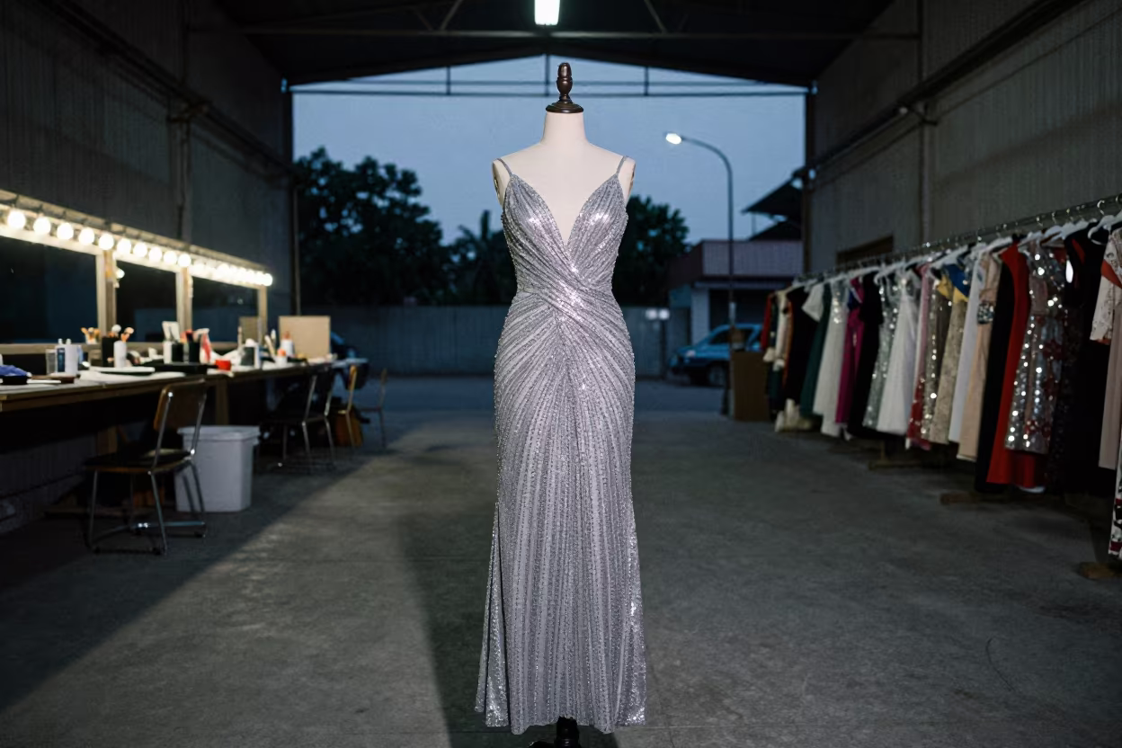 Sequined Dress Mirror Bulbs Warehouse Predawn in inside a couture atelier near Tiruchirappalli