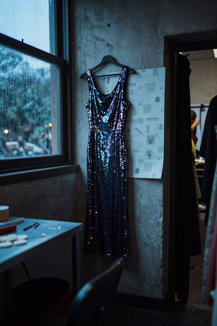 Sequined Dress and Pattern Paper Blue Hour Backstage in in a backstage changing corridor near Puebla