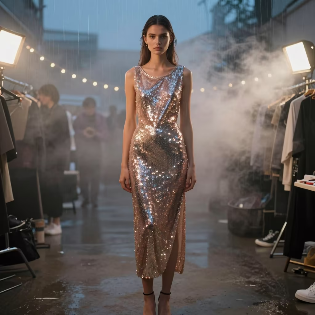 Sequined Dress Amid Steam at Blue Hour Backstage in under runway rehearsal lights in Delmas
