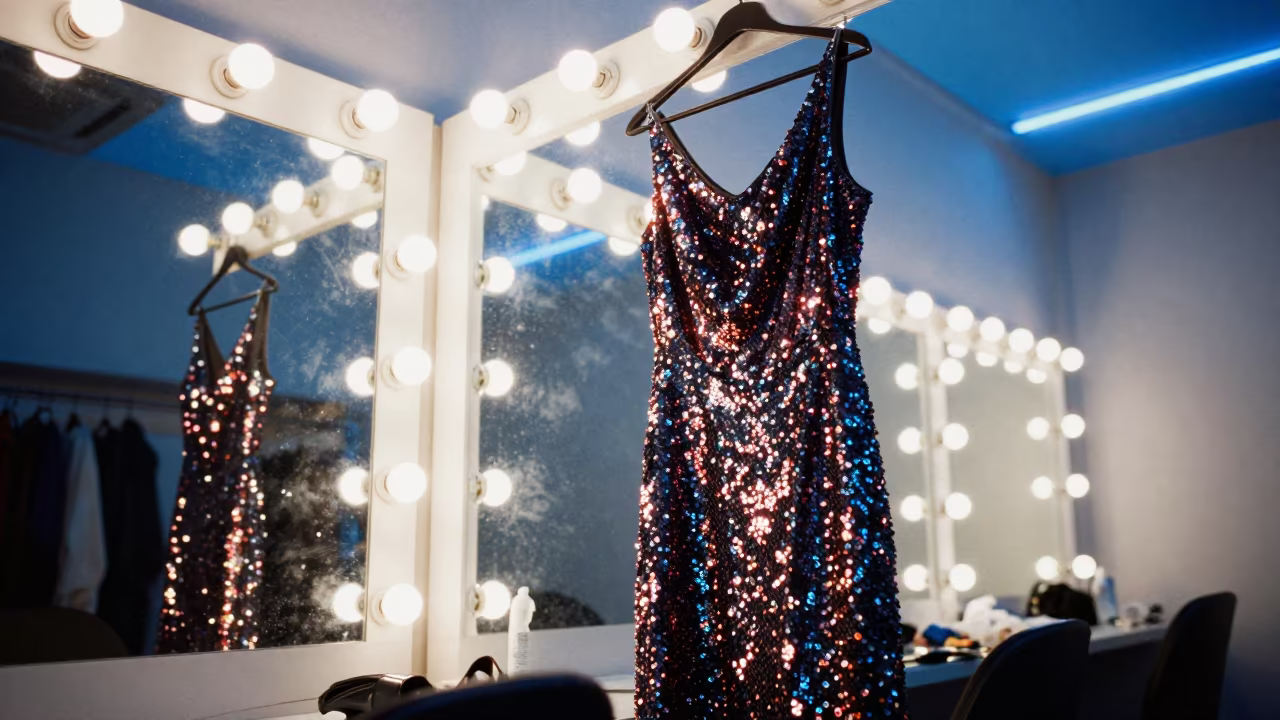 Sequined Dress and Steam at Chennai Backstage in beside a mirror lined with makeup bulbs in Chennai