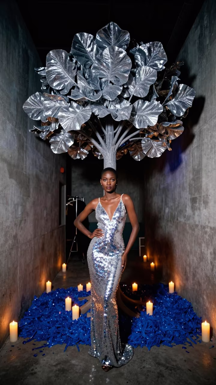 Sequined Gown With Giant Flower in Lusaka Corridor in in a backstage changing corridor in Lusaka