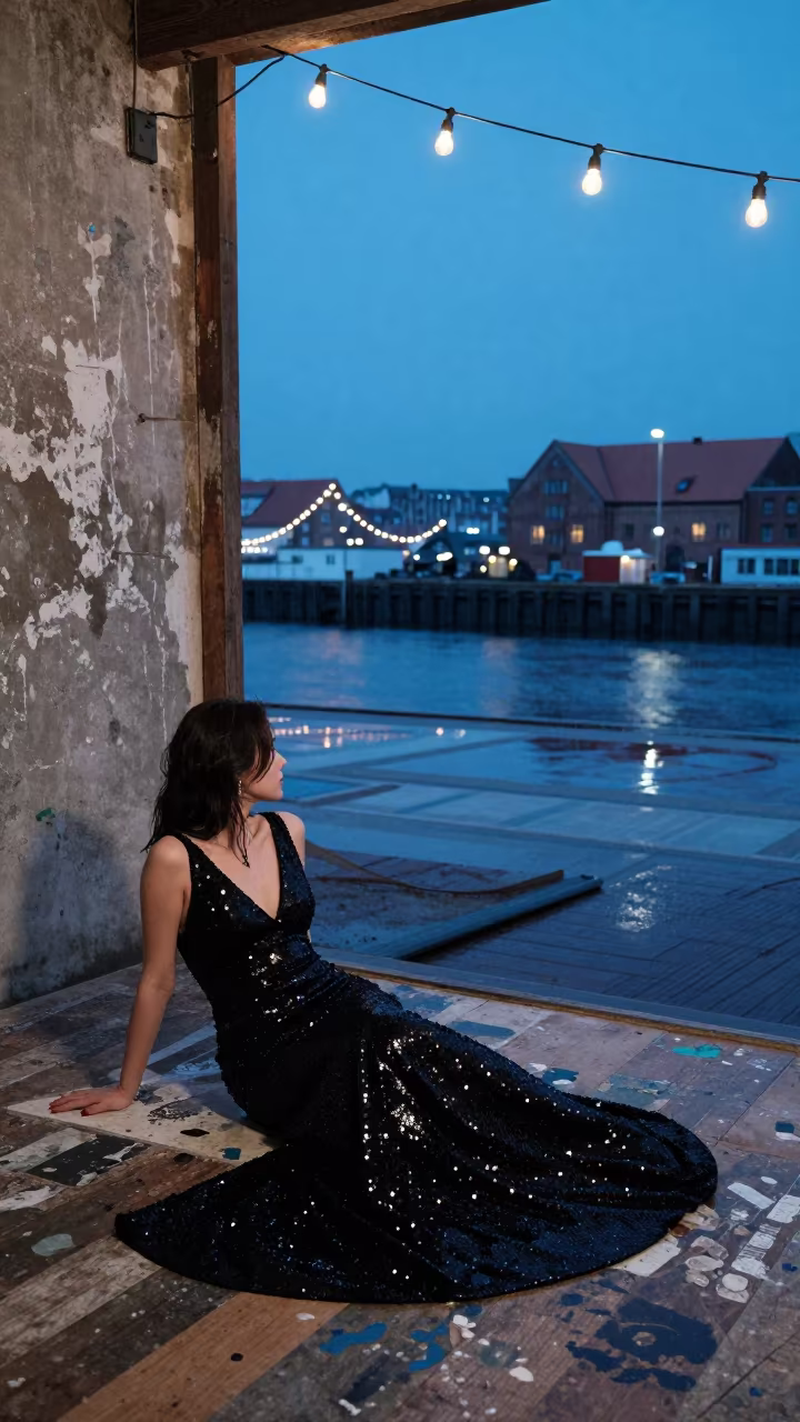 Sequined Gown on Harbor Floorboards in Winter in against a wind-beaten harbor wall near Szczecin
