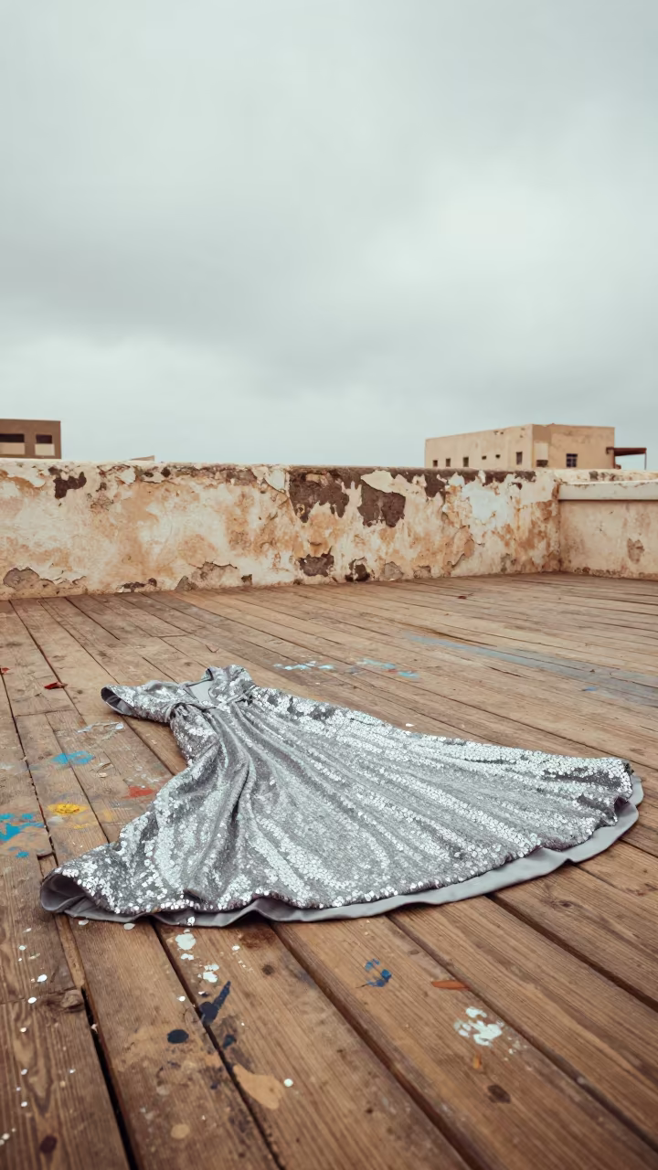 Sequined Gown on Painted Studio Floorboards in against a wind-beaten harbor wall in Dakhla