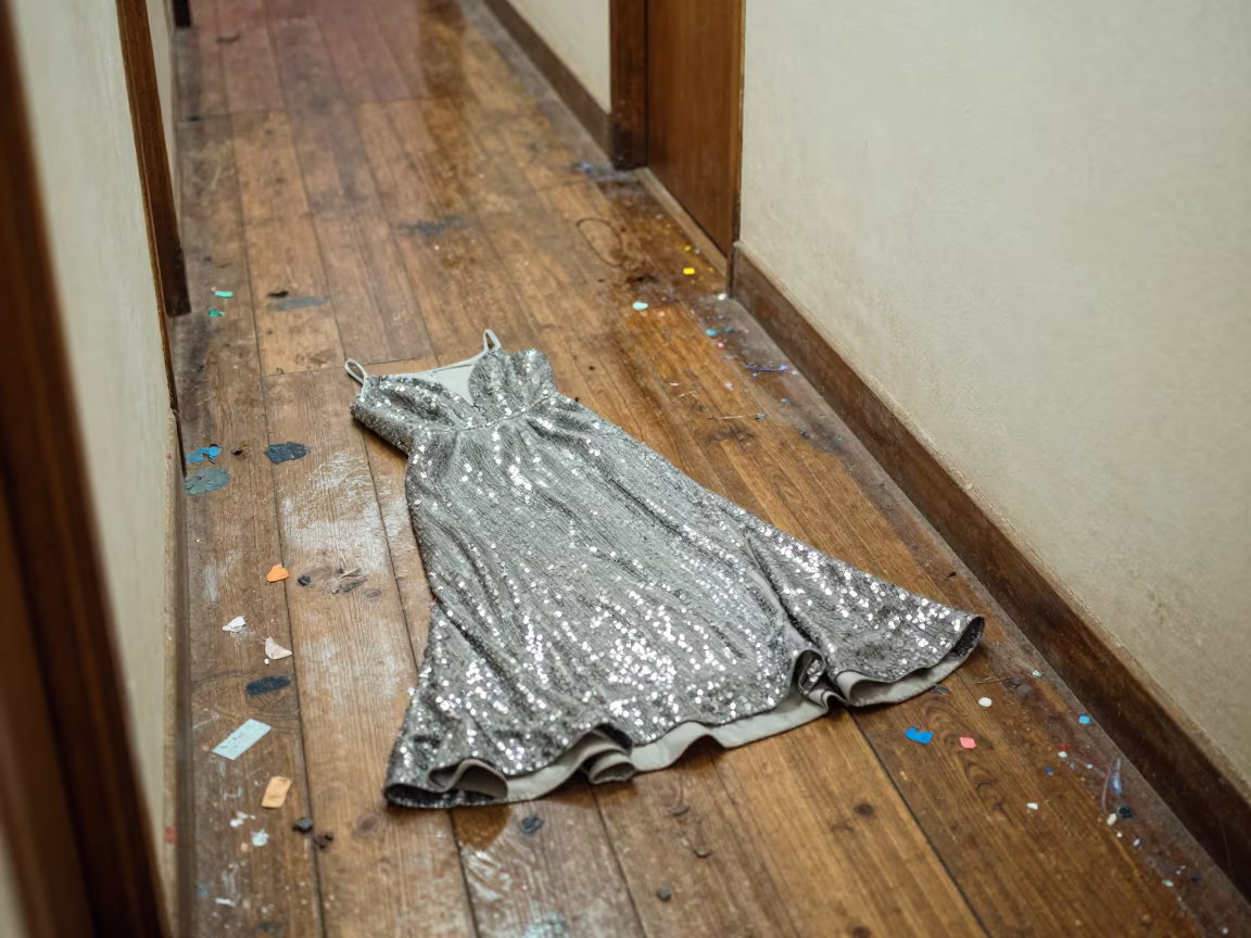 Sequined Gown on Painted Studio Floorboards in in a backstage changing corridor in Ogbomosho