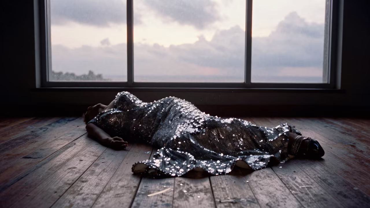 Sequined Gown Pooled on Paint Splatter Floor at Dawn in under runway rehearsal lights near Bujumbura