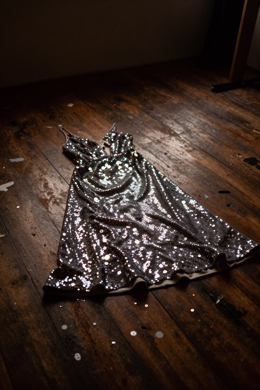 Sequined Gown Pooled on Studio Floorboards in under runway rehearsal lights in Panama City