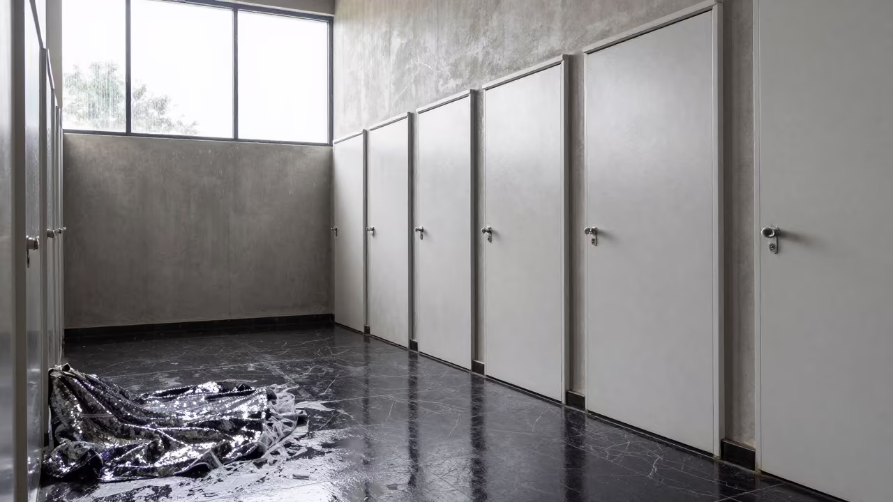 Sequined Gown Reflected in Black Marble Corridor in in a backstage changing corridor in Nkayi