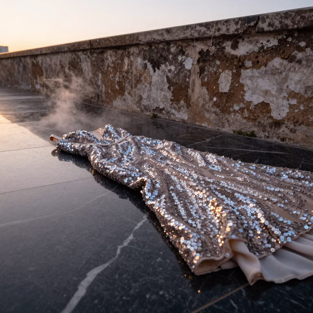 Sequined Gown Reflected in Black Marble Harbor Wall in against a wind-beaten harbor wall in Palermo
