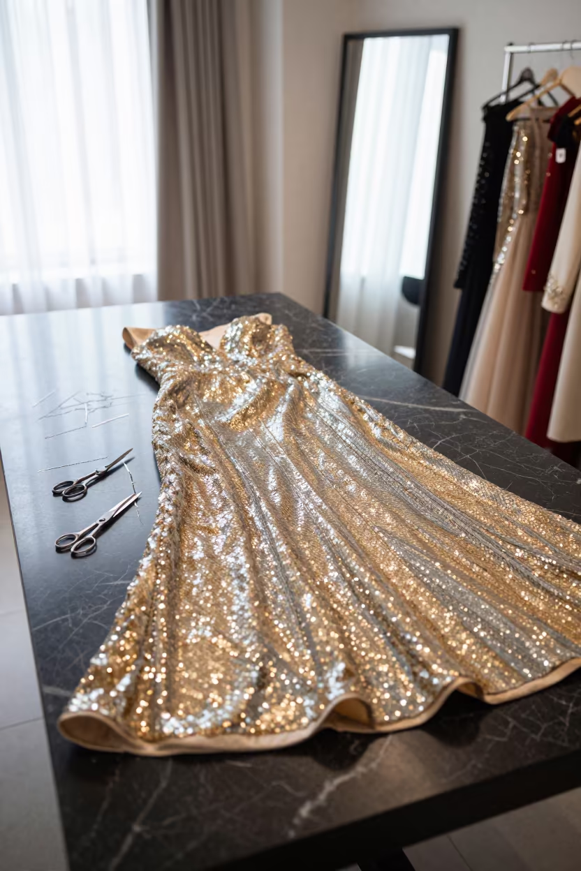Sequined Gown Reflected in Black Marble Tailoring Table in at a tailoring table strewn with chalk and shears near Noida
