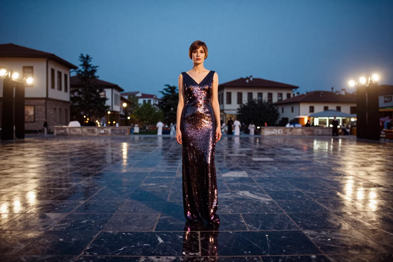 Sequined Gown Reflected in Gjirokastar Marble in across a reflective public plaza in Gjirokaster