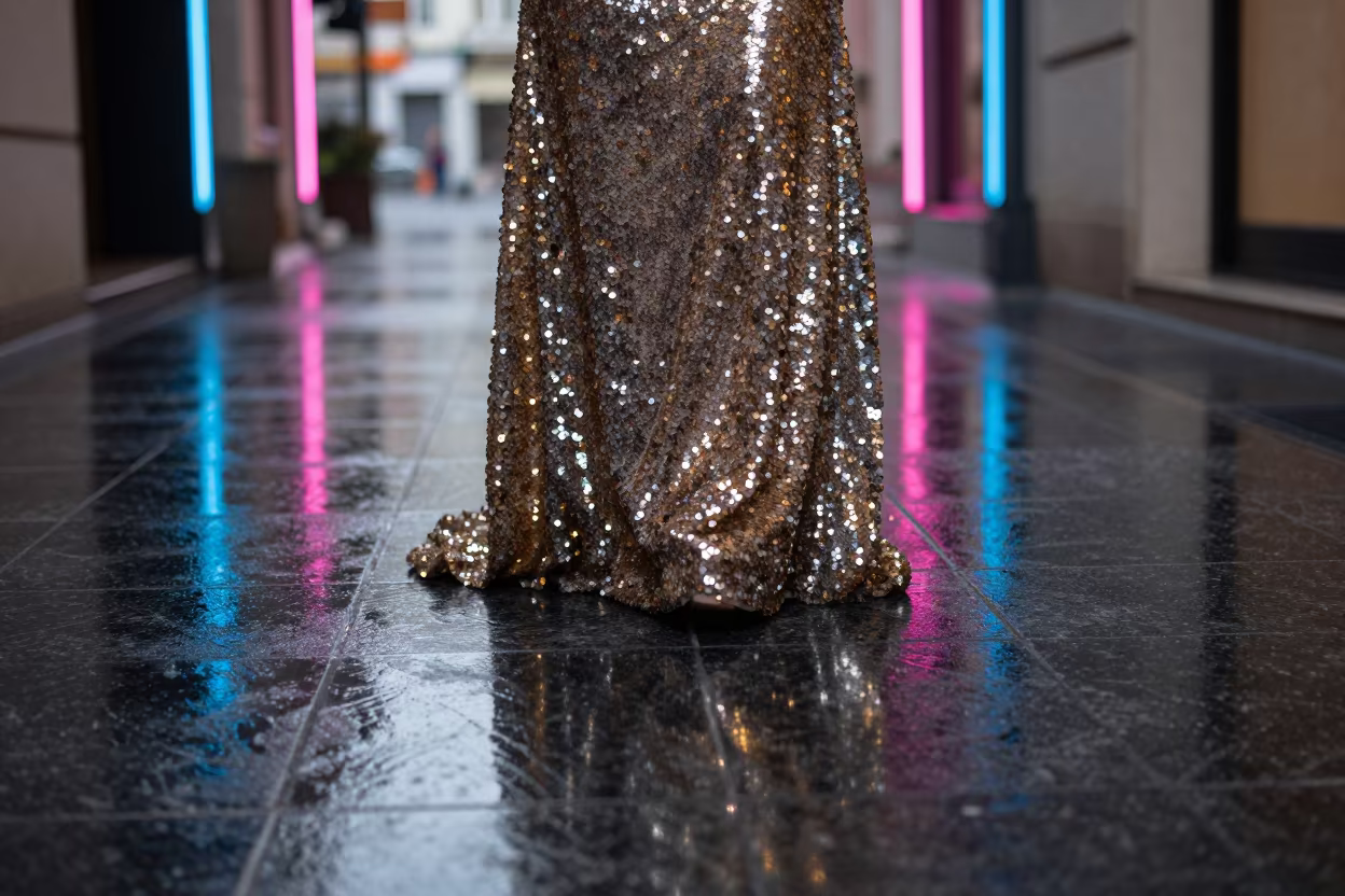 Sequined Gown Reflection on Black Marble in Pristina in along a neon-lit arcade in Pristina