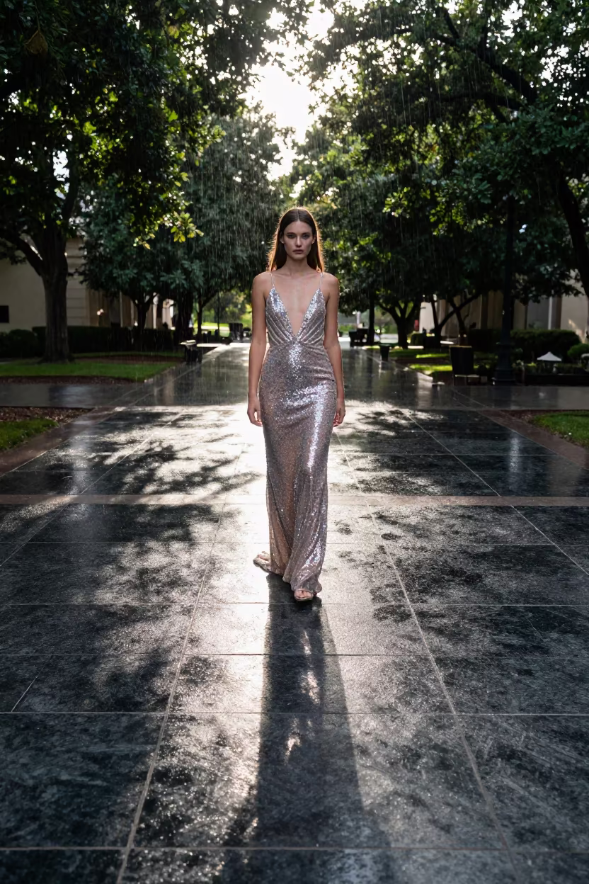 Sequined Gown Reflection on Marble Plaza in across a reflective public plaza near Napa