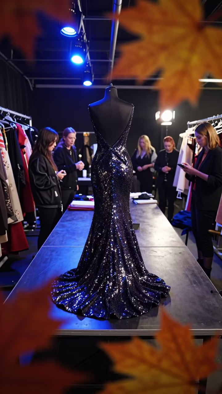 Sequined Gown Under Runway Rehearsal Lights in under runway rehearsal lights near Glasgow