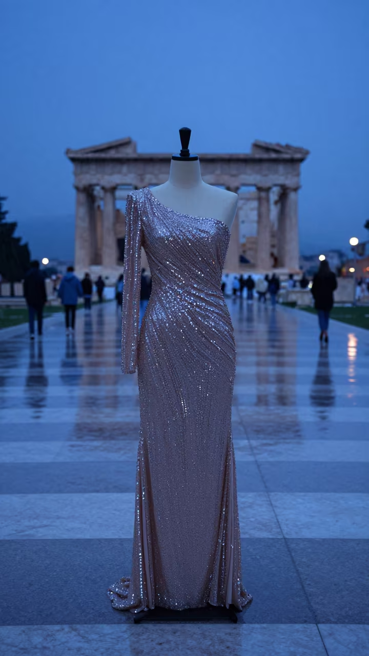 Sequined Sleeve in Evening Blue Light Athens Plaza in across a reflective public plaza near Athens