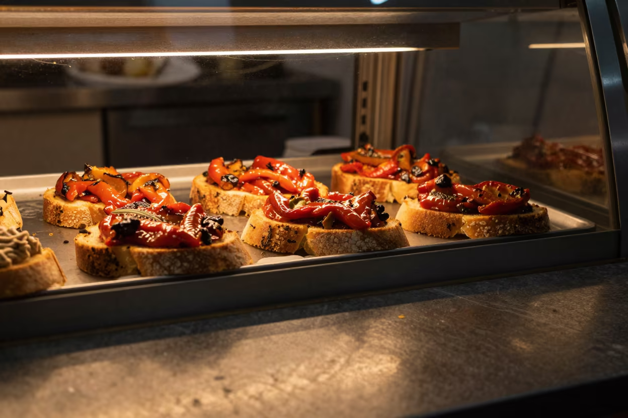 Serbian Ajvar on Bread in Fortaleza Night in in a bakery display case in Fortaleza