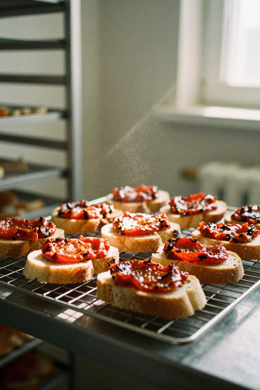 Serbian Ajvar Spread on Fresh Bread in on a bakery cooling rack in Dundo