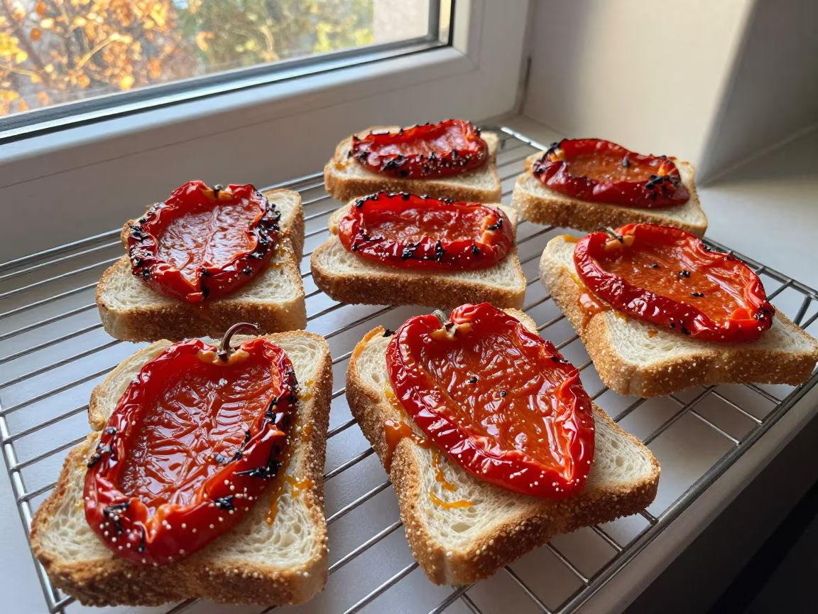 Serbian Ajvar Spread on Bread Bakery Rack in on a bakery cooling rack in Nha Trang