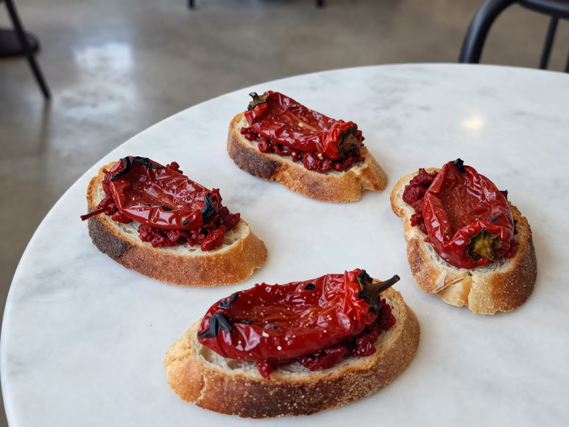 Serbian Ajvar Spread on Fresh Bread in on a marble cafe table in Knysna