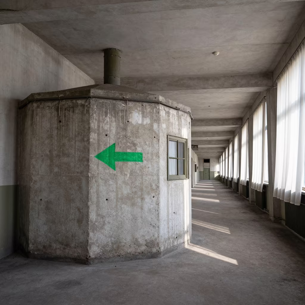 Serbian Bunker Watchtower with Grease Pencil Arrows in inside a barracks corridor in Serbia