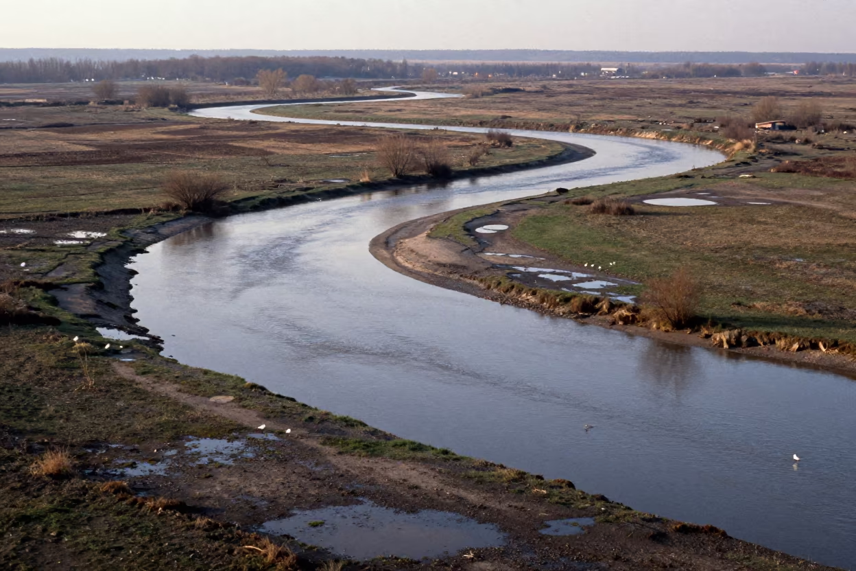 Serbian Floodplain River After Rain in across a floodplain after rain in Serbia