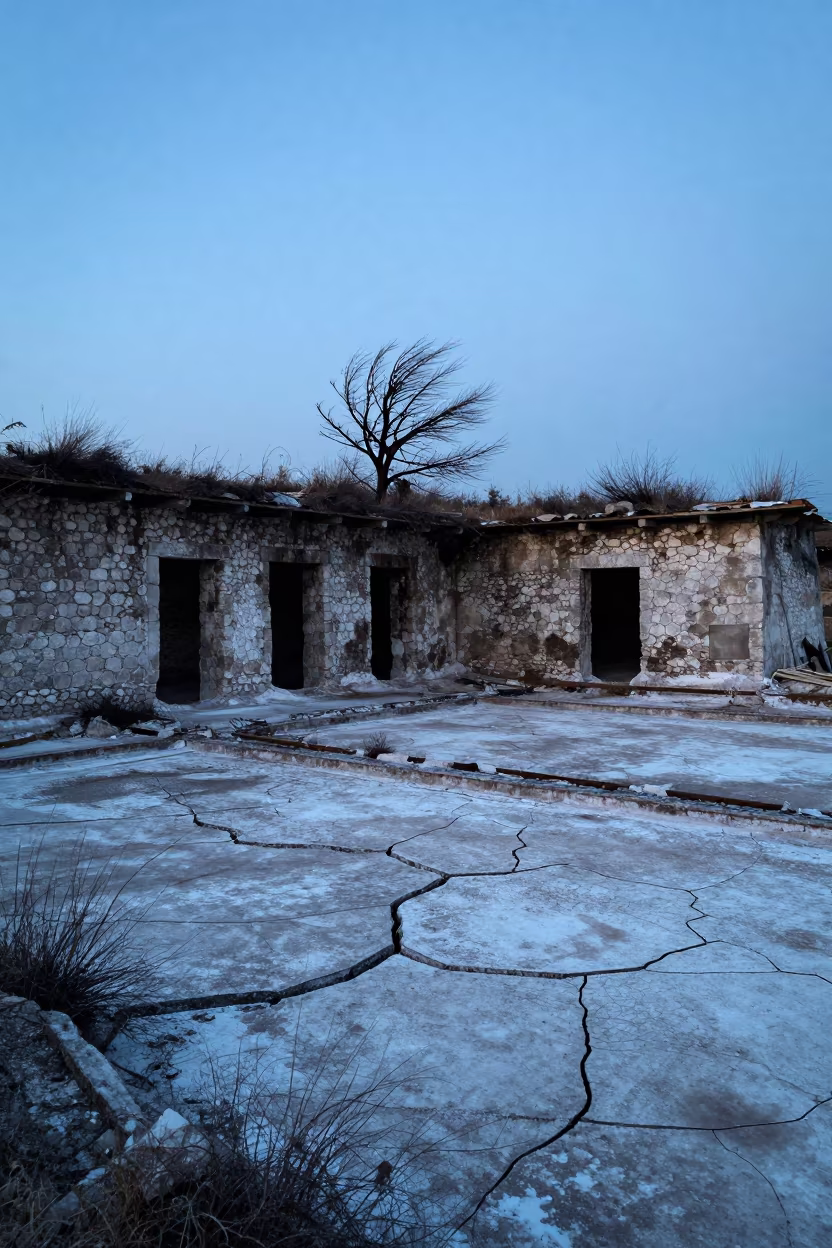 Serbian Salt Works Ruins Silhouetted at Dusk in among roofless stone chambers in Serbia