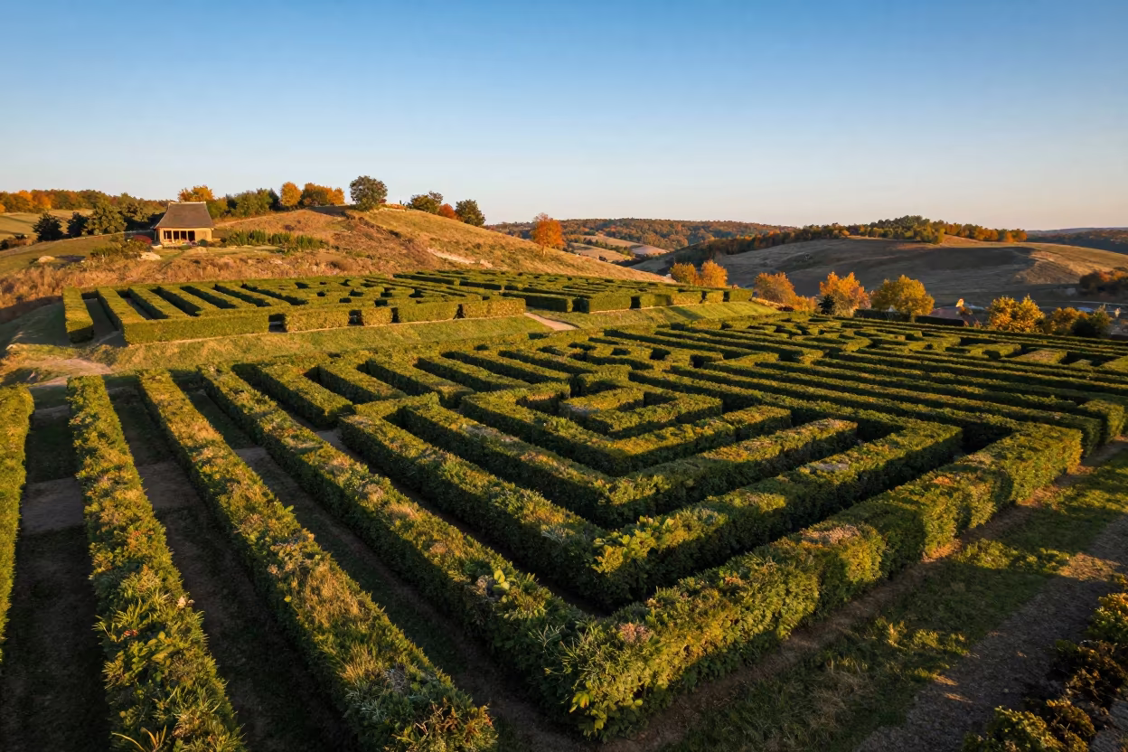 Serbian Terraced Hills Hedge Maze Drone View in far above terraced hillsides in Serbia