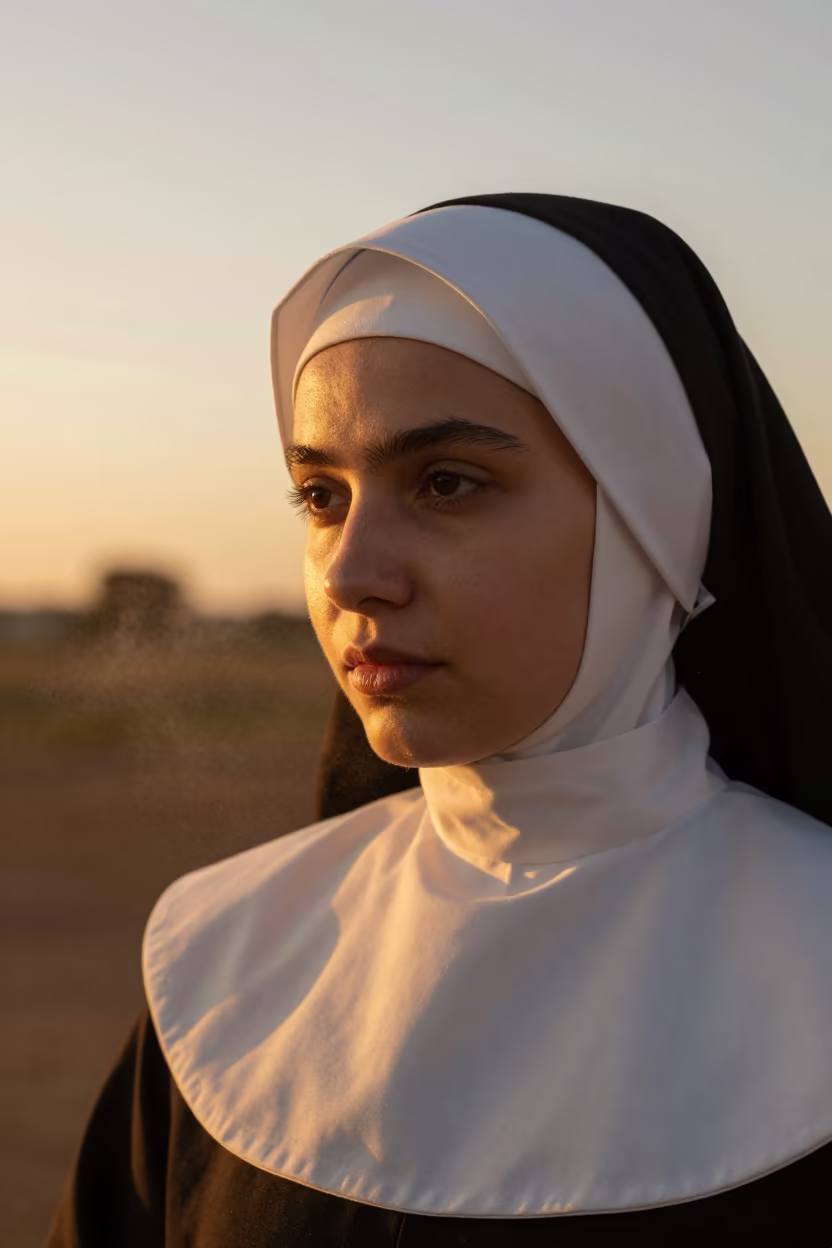 Serene Nun Portrait in Amber Sunset Light in in Inhambane