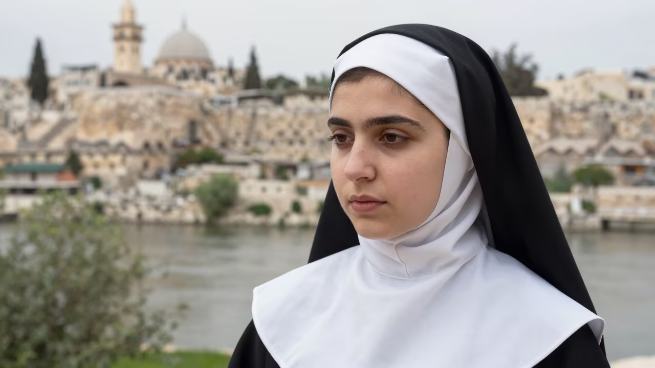 Serene Nun Portrait Near Jerusalem Riverside in near a riverside landing in Old City, Jerusalem