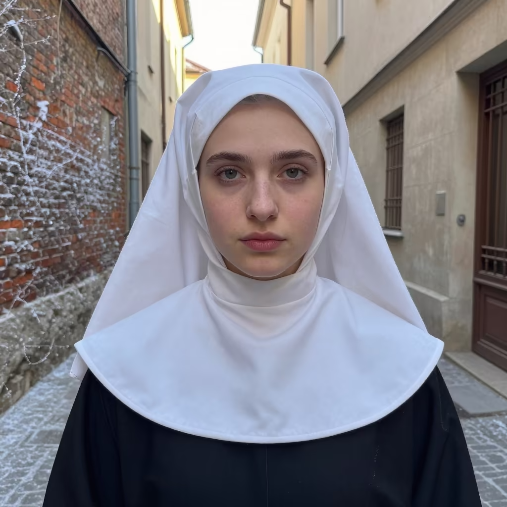Serene Nun in White Wimple Gellert Budapest Midsummer in in the old quarter in Gellert, Budapest