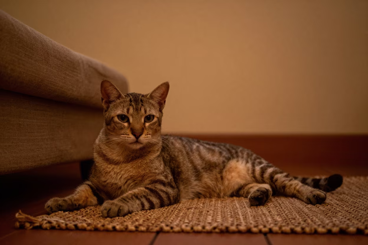 Serengeti Cat Lounging in Predawn Firelight Mombasa in on a woven rug beside a low couch and an uncluttered wall in Mombasa