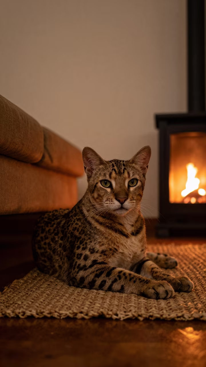 Serengeti Cat Lounging on Rug Before Dawn in on a woven rug beside a low couch and an uncluttered wall in Dar es Salaam